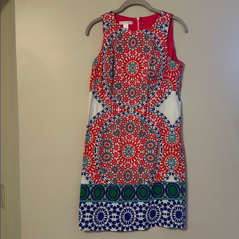 London Times Orange and Blue Geometric Dress